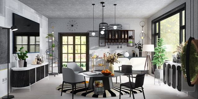 grey, black and white dining room 