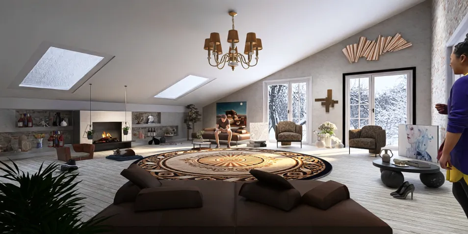 Spacious living room featuring cozy furniture arrangement in a modern style, showcasing interior design through Homestyler's real-time 3D rendering capability.