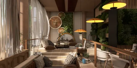 modern living room interior design featuring a cozy seating arrangement and hanging pendant lights, designed using Homestyler's real-time 3D rendering feature for effective space preview.
