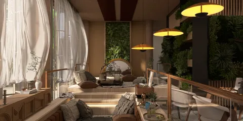 cozy living room with plush seating and large windows showcasing greenery, designed using Homestyler's real-time 3D rendering for an inviting atmosphere.