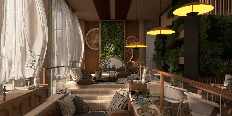 cozy living room with indoor plants and modern lighting showcasing interior design ideas using Homestyler's real-time 3D rendering feature
