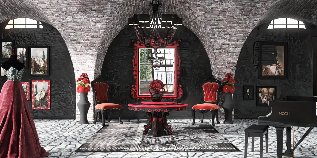 a large room with a large red table and chairs 