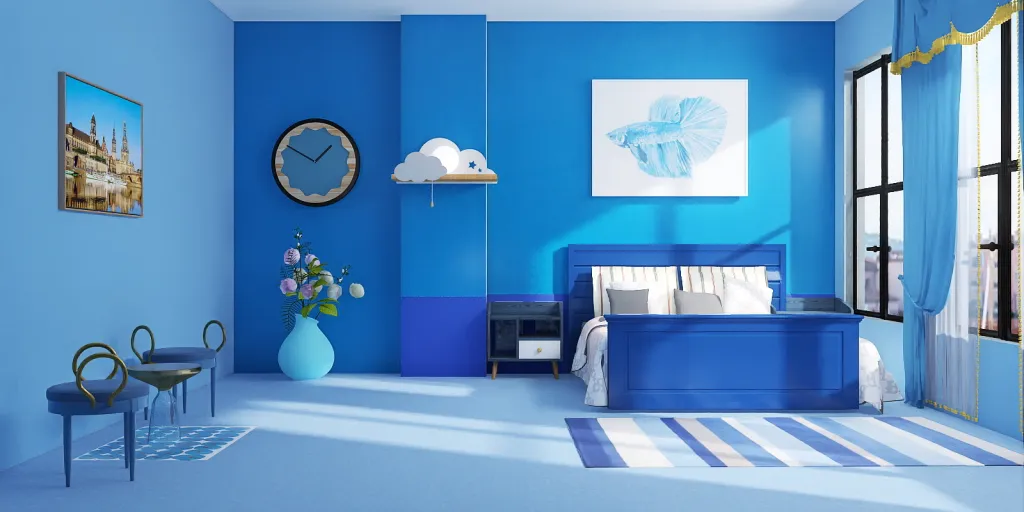 a blue and white room with a blue wall and a blue and white floor 