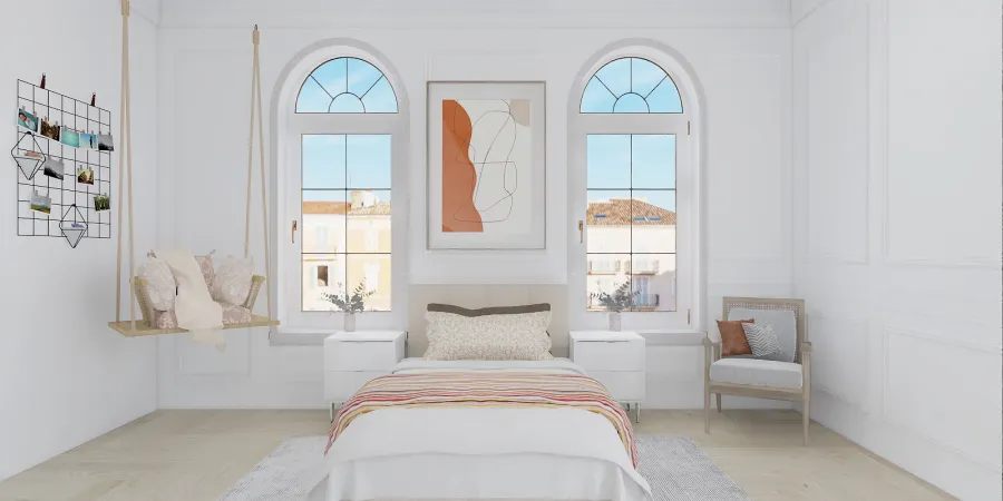 a bedroom with a white bed and a white wall 