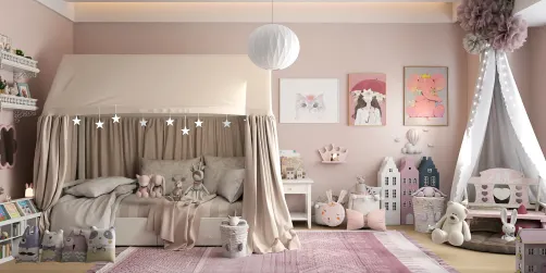Cozy children's bedroom featuring a tent-style bed with soft draperies, pastel colors, and playful decor elements, showcasing a warm and inviting space perfect for imaginative play, utilizing Homestyler's smart furniture arrangement feature.