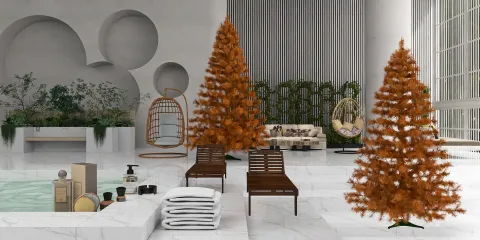 modern living room with brown Christmas trees and stylish lounge chairs, featuring a luxurious ambiance and a focus on interior design elements, utilizing Homestyler's real-time 3D rendering functionality for effective design preview.