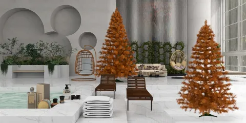 modern indoor space featuring a cozy seating arrangement and two decorative trees, showcasing a contemporary design style, ideal for interior decor planning with Homestyler's real-time 3D rendering feature.