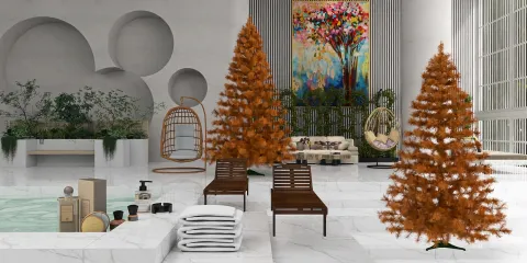 modern interior design featuring artificial Christmas trees and relaxation area with chairs, showcasing an elegant style for holiday decoration, highlighting Homestyler's real-time 3D rendering functionality.