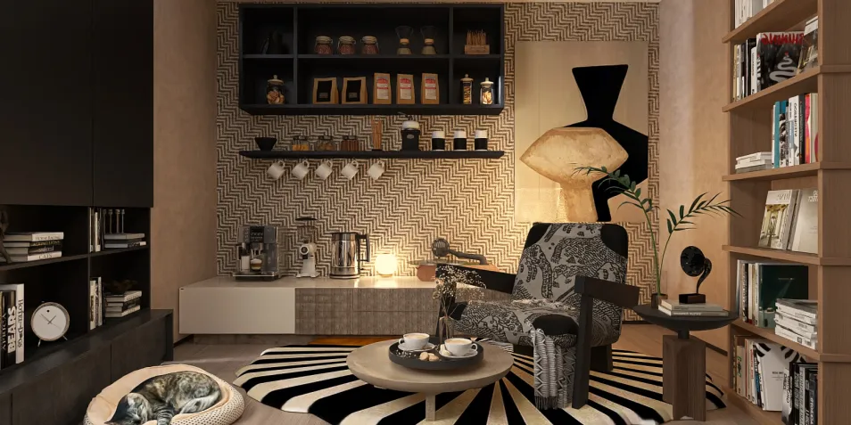 cozy living room with stylish furniture arrangement featuring a black and white rug, modern bookshelf, and decorative wall art, showcasing interior design with Homestyler's real-time 3D rendering feature