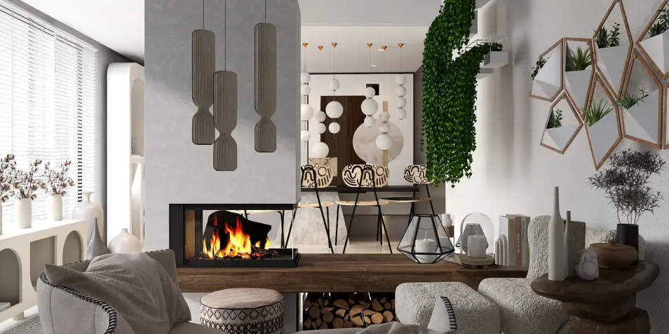 Cozy living room featuring a modern fireplace, designed with a minimalist style, showcasing interior decor with natural elements. This render highlights Homestyler's real-time 3D rendering capability for instant design previews.