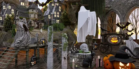 spooky Halloween decoration featuring eerie ghosts and haunted house elements, creating an atmospheric scene, optimized for Halloween interior decor; showcasing Homestyler's real-time 3D rendering feature.