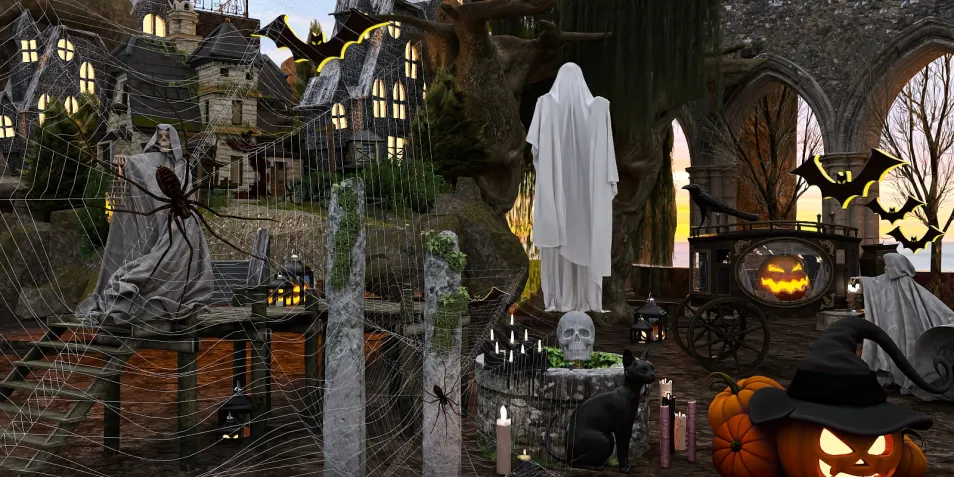 haunted house decoration with spooky elements in Halloween theme featuring ghost, spider, and pumpkins, showcasing interior design details using Homestyler's real-time 3D rendering feature.