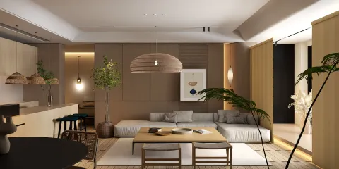 modern living room with neutral tones featuring cozy furniture arrangement, creating a relaxing atmosphere, showcasing Homestyler's real-time 3D rendering capabilities.