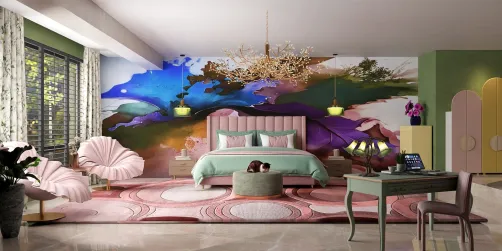Bedroom in brown, pink, yellow and green