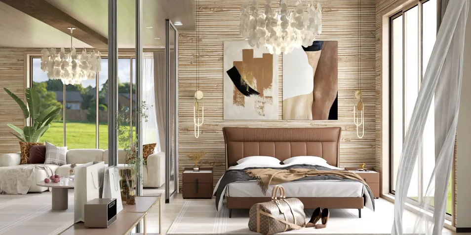 modern bedroom design featuring a luxurious bed, showcasing smart furniture arrangement style for spacious interiors with Homestyler's real-time 3D rendering capabilities