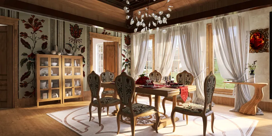 dining room furniture arrangement showcasing floral wallpaper and chandelier in a classic style, highlighting the use of Homestyler's real-time 3D rendering feature for interior design.