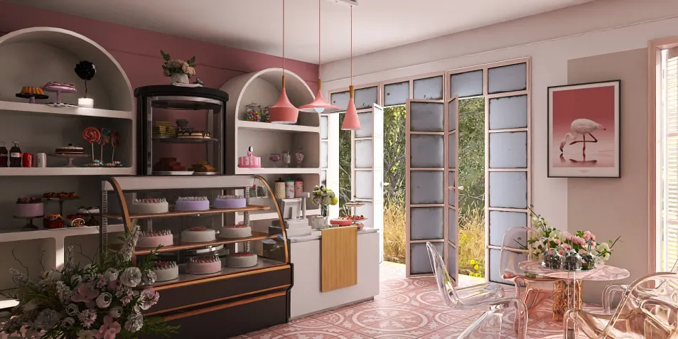 A modern café interior featuring a dessert display and floral arrangements, showcasing a vibrant color palette with elegant furniture, designed using Homestyler's real-time 3D rendering for precise visual presentation.