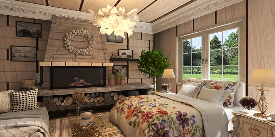 Cozy bedroom with floral bedding and a rustic fireplace, featuring a warm, inviting atmosphere and natural elements, optimized for interior decor showcasing Homestyler's real-time 3D rendering feature.