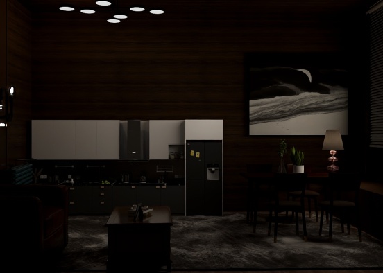 dark living room/kitchen/dining room Design Rendering