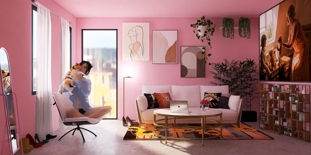 a woman is standing in a room with a pink wall 