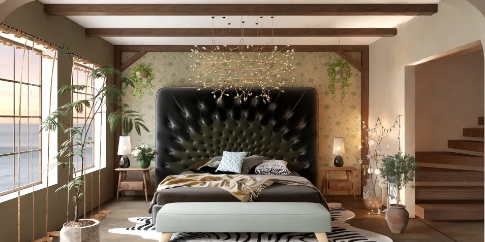 luxurious bedroom featuring a plush black tufted headboard with elegant decor, showcasing a modern vintage style that enhances comfort and relaxation, utilizing Homestyler's real-time 3D rendering for design visualization.