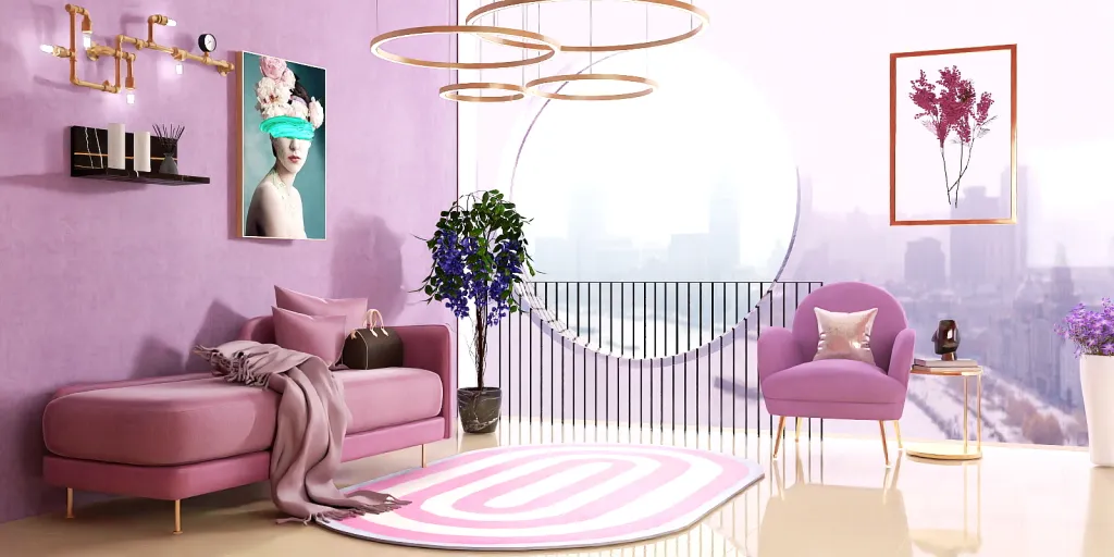 a living room with a pink rug and a pink chair 