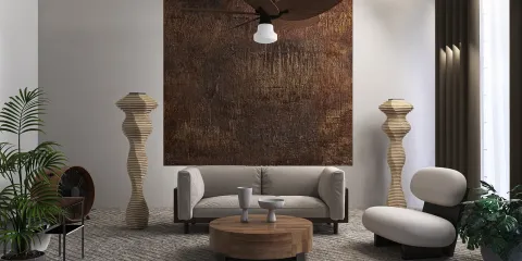 modern living room featuring a cozy sofa and stylish chairs, designed with a minimalist aesthetic to enhance space utilization, showcasing Homestyler's real-time 3D rendering feature.