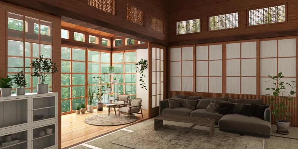 a living room with a couch, chairs, and a window 