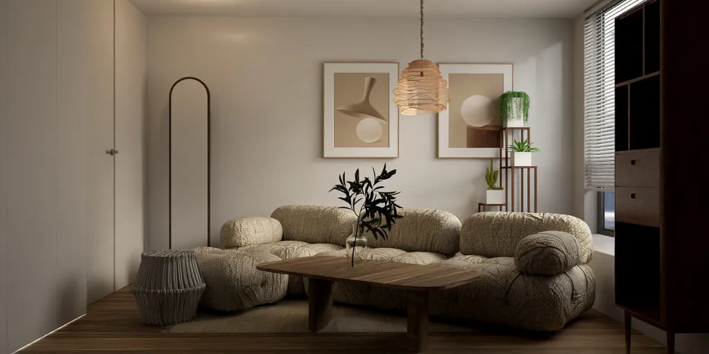 a living room with a couch, table, and a lamp 