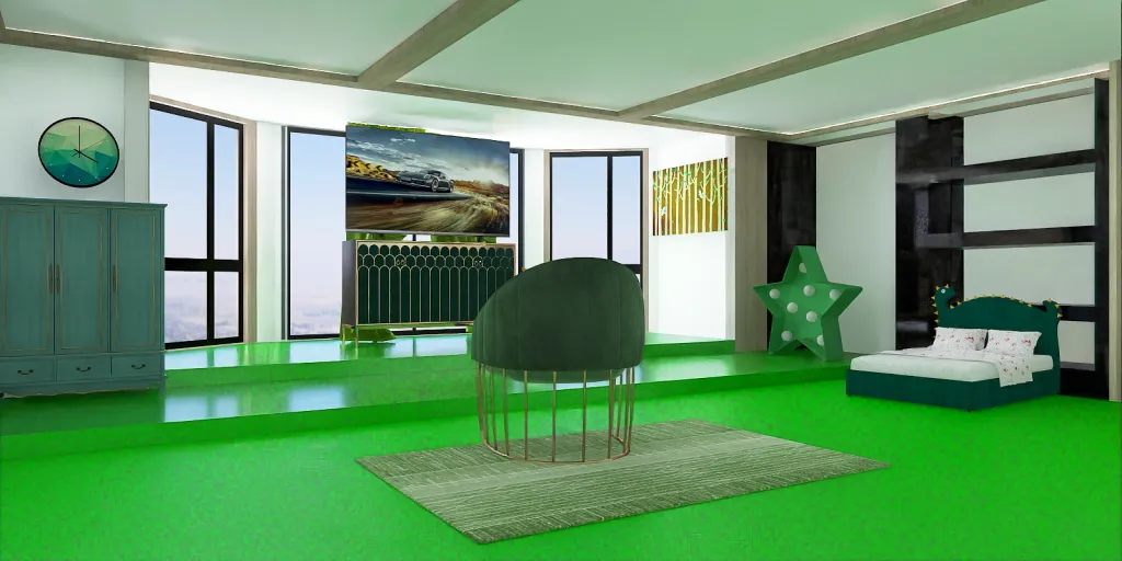 a living room with a green floor and a blue floor 