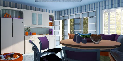 Purple, Orange, Blue Kitchen and Dining Area