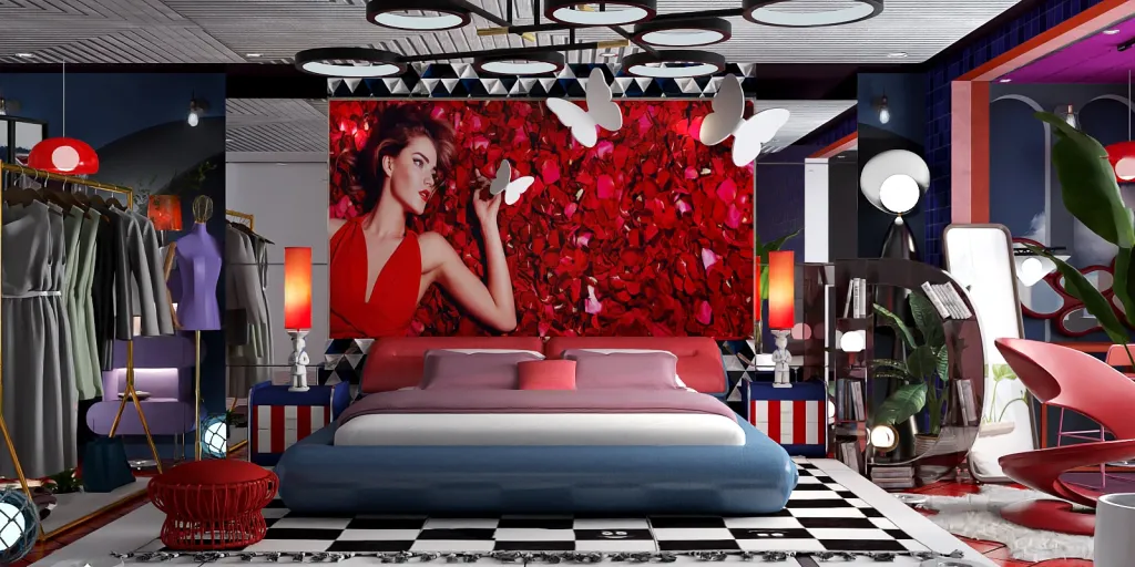 a red and white bed with a red headboard 