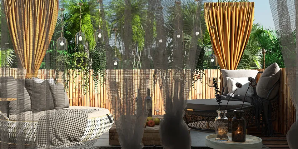 cozy outdoor living space featuring elegant drapery and modern furnishings creating a relaxing atmosphere with greenery, designed using Homestyler's real-time 3D rendering feature for accurate visualization.