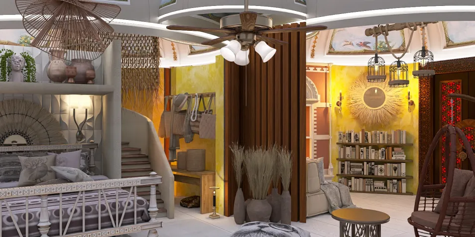 bohemian living space design featuring cozy furniture arrangement and vibrant decor showcasing warm tones and natural materials, highlighting Homestyler's real-time 3D rendering for quick visual previews.