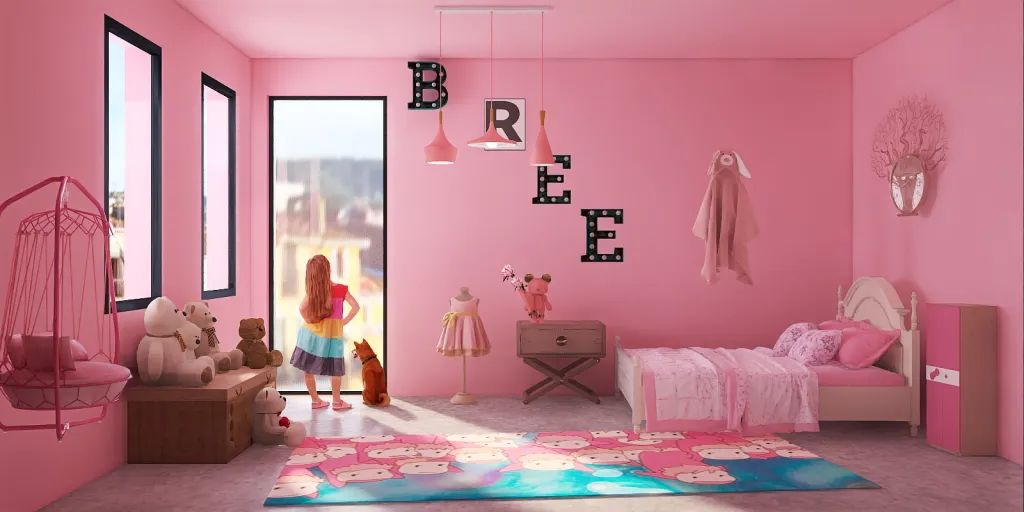 a room with a pink wall and a pink bed 