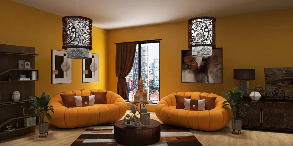 bright orange sofas arrangement in a cozy living room design, showcasing modern bohemian style with natural light and urban view, utilizing Homestyler's real-time 3D rendering feature for instant design visualization.
