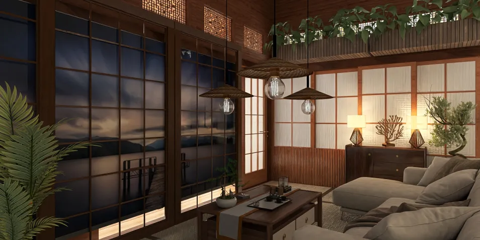 cozy living room with large windows showcasing scenic view, featuring natural lighting and wooden elements, emphasizes interior decor with Homestyler's real-time 3D rendering feature for stunning design previews.