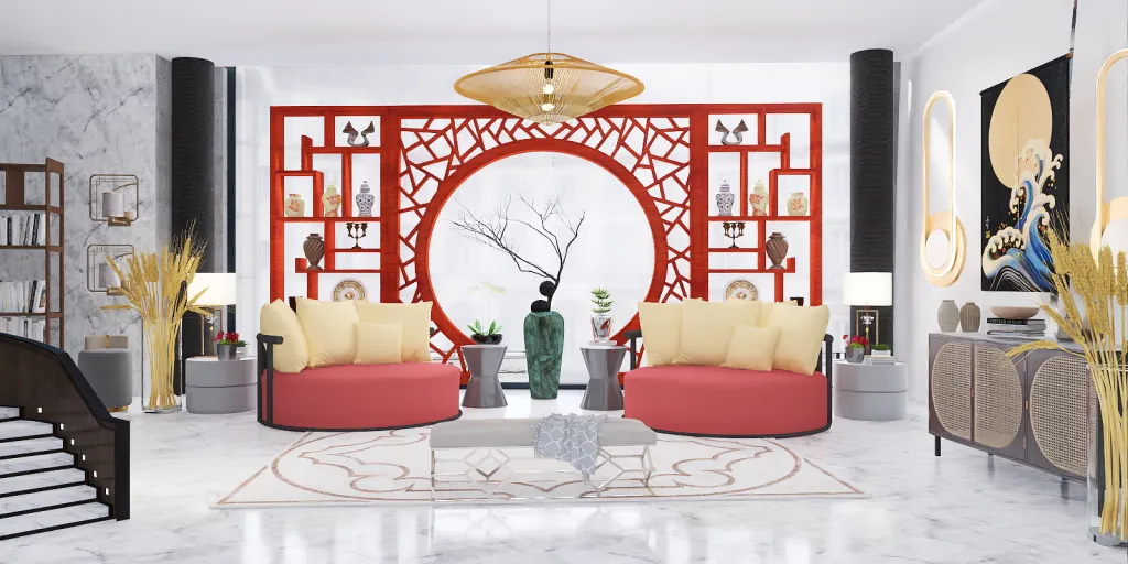 a living room with a red couch and a red chair 