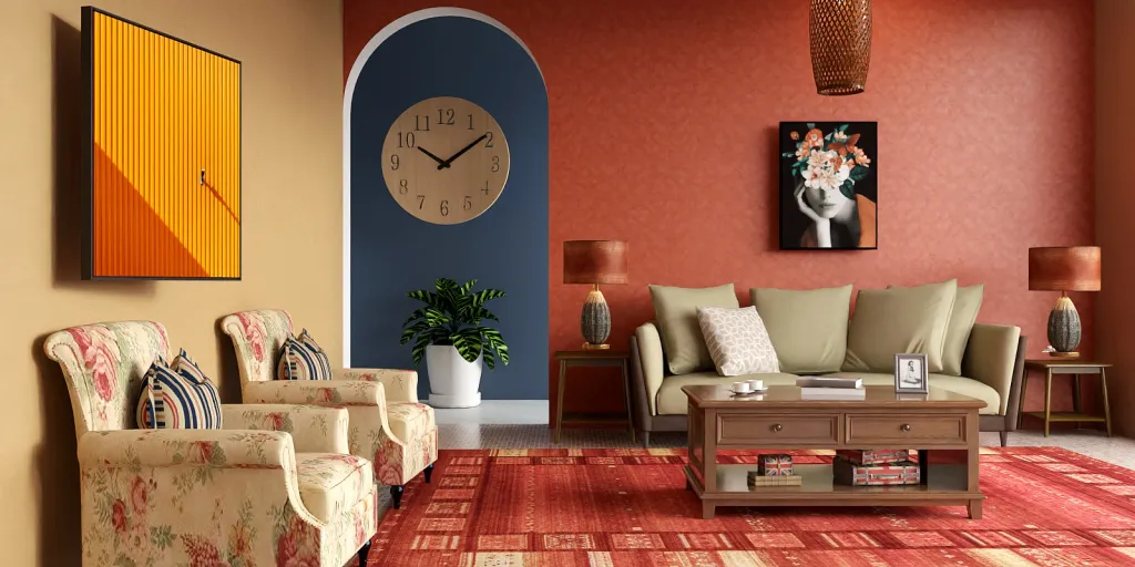 a living room with a couch, chairs, and a clock 