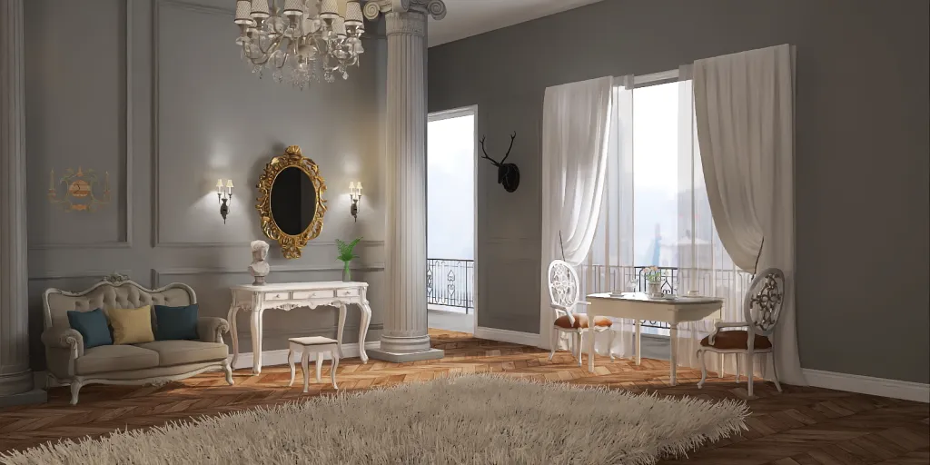 a living room with a white rug and a white table 