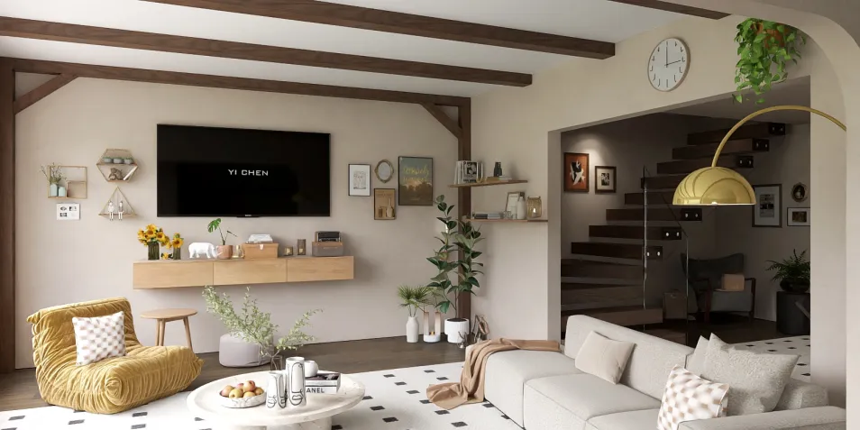 modern living room with cozy furniture arrangement featuring a sectional sofa and accent chair, designed in a contemporary style to enhance comfort and aesthetic appeal, utilizing Homestyler's real-time 3D rendering feature for effective design previews.