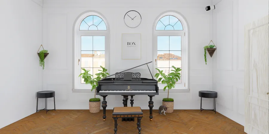 a piano sitting on a white table in a room 