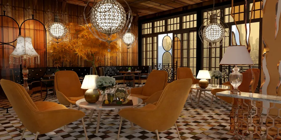 cozy lounge area with vintage armchairs arranging in a warm wooden interior design, showcasing the homestyler feature of real-time 3D rendering for quick design previews.