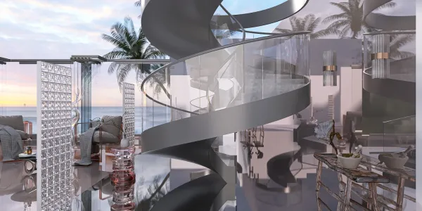 modern spiral staircase design featuring a sleek glass railing in a contemporary living space, showcasing interior decor with Homestyler's real-time 3D rendering capability.