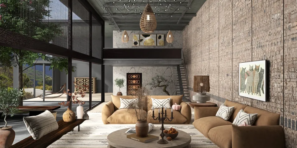 cozy living room featuring plush brown sofas and modern design elements with a rustic touch, showcasing interior decor ideas; highlighting Homestyler's real-time 3D rendering functionality for design proposal presentations.