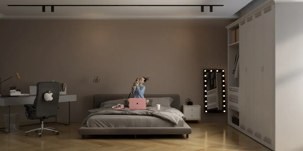 a woman is standing in a bedroom with a bed 