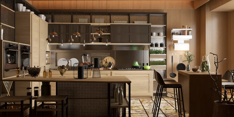 Modern kitchen with sleek cabinetry and open shelving featuring a warm wood style, showcasing smart furniture arrangement for optimal space usage, utilizing Homestyler's real-time 3D rendering feature.