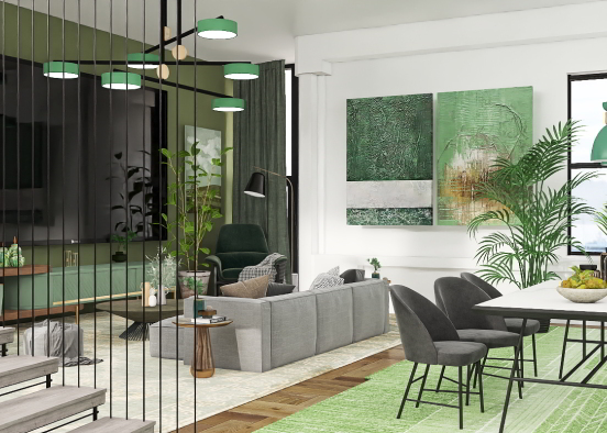 Greyish green modern kitchen and living Design Rendering