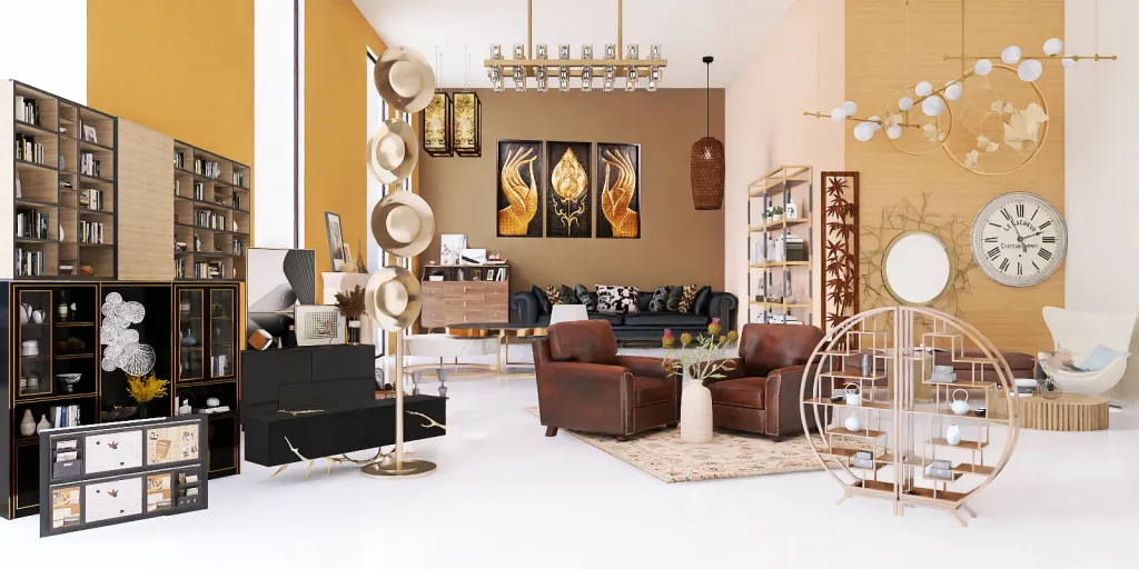 a living room filled with furniture and a clock 