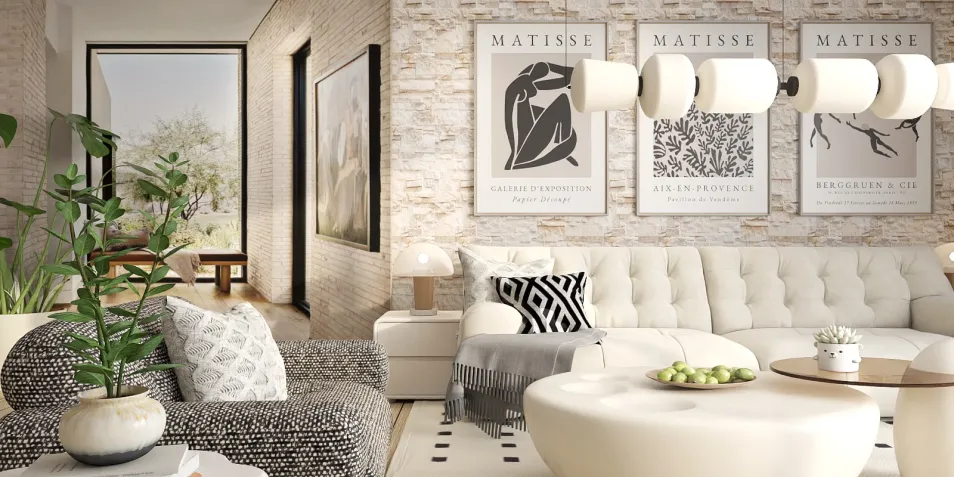 modern living room featuring stylish furniture arrangement with an emphasis on minimalism and elegance, showcasing interior decor with a cozy and inviting atmosphere, utilizing Homestyler's smart furniture layout feature for optimal space planning.